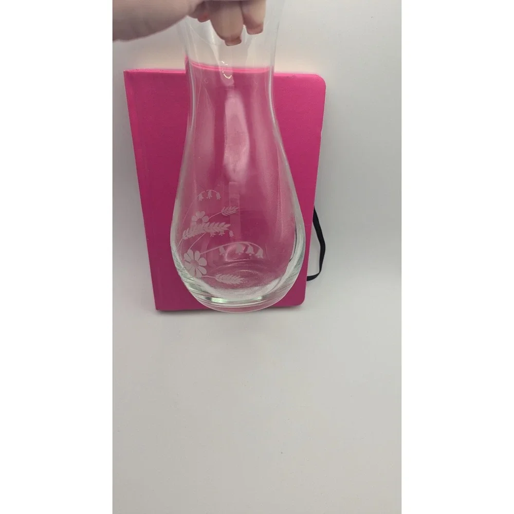 Vintage Etched Clear Glass Bud Vase Daisy‎ Floral Design Hourglass Shape 8